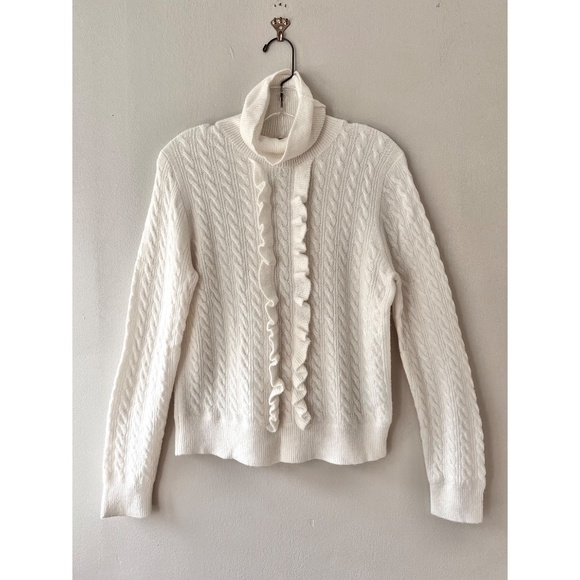 J.Crew Sz M Pearl‎ Ruffle Front Cable Knit Turtleneck Wool Stretch Sweater Top - Picture 2 of 8